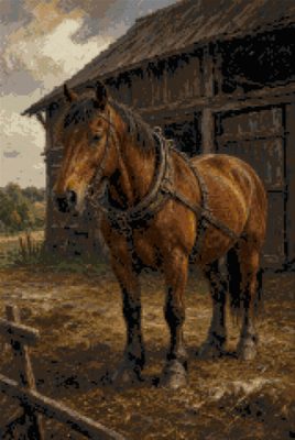A Harnessed Horse by the Barn