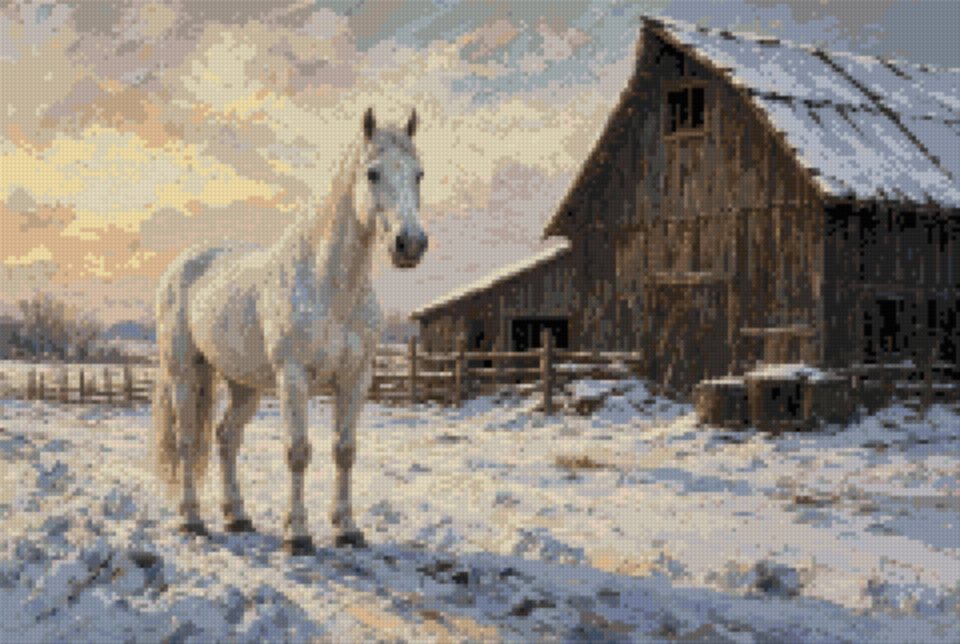 A White Horse by the Barn in Winter