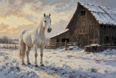 A White Horse by the Barn in Winter