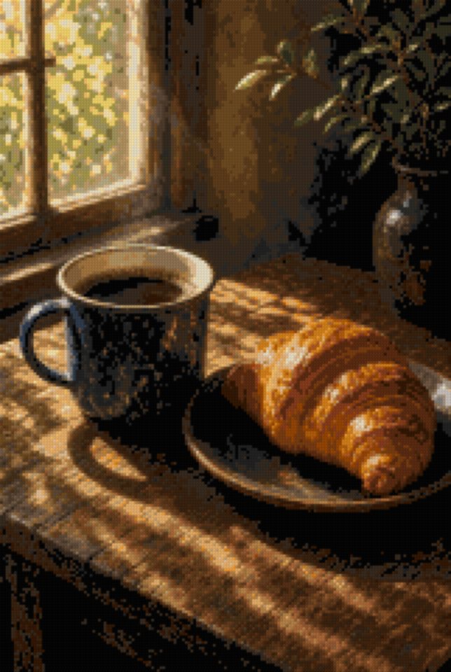 Cană emailată și croissant