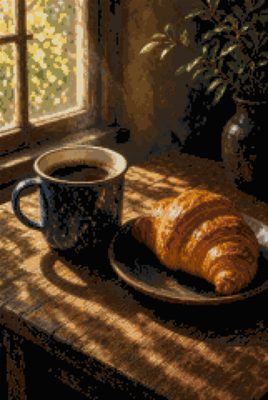 An Enamel Mug and a Croissant