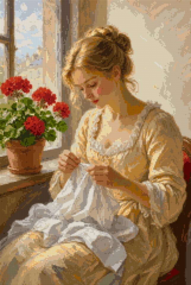 Sewing at the Geranium Window