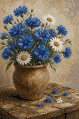 Cornflowers and Daisies in a Pot