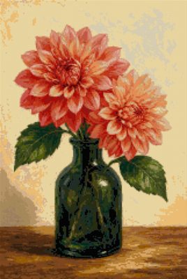 Peach Dahlias in a Green Bottle