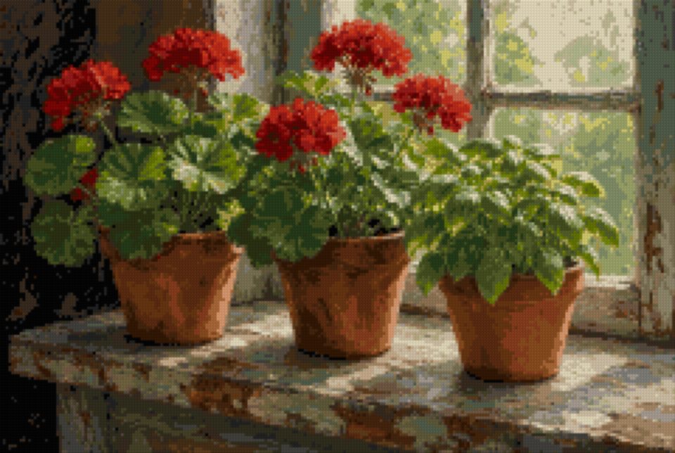 Geraniums and Basil on the Sill