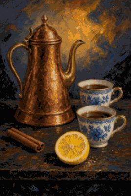 A Copper Pot and Blue Cups