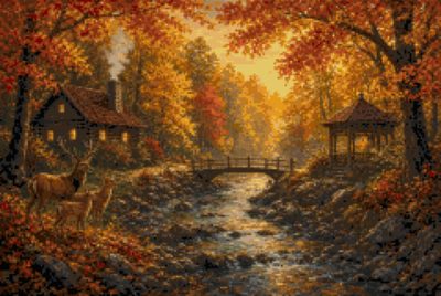 The Cabin in Autumn, with Deer