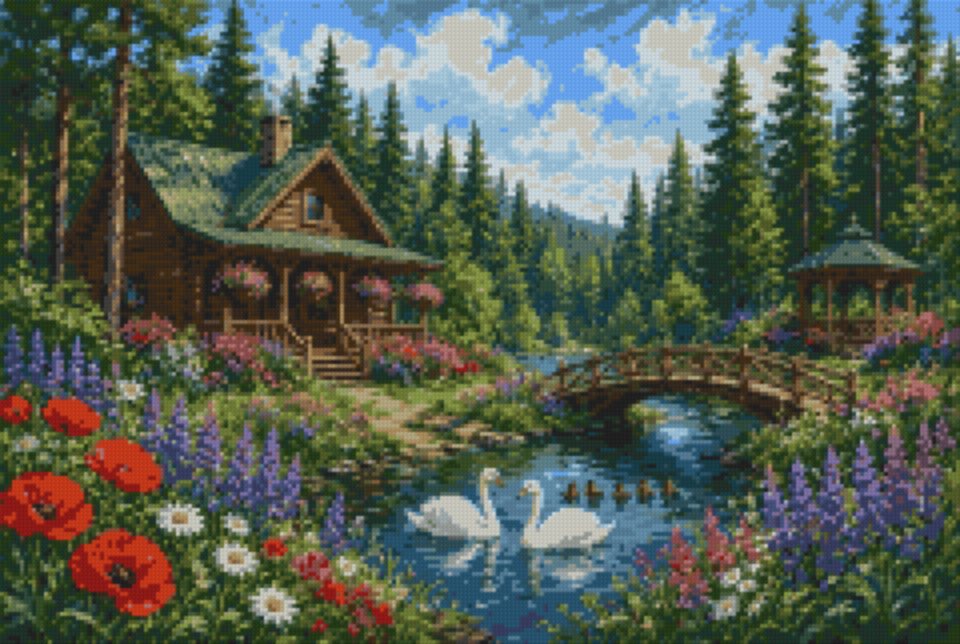 The Cabin in Summer, with Swans
