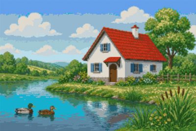 A Red-Roofed House by the Pond