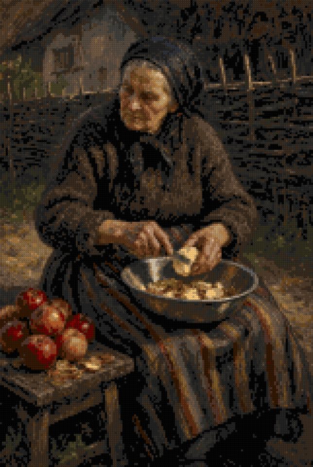 Bătrână curățând mere