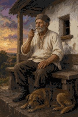 An Old Man with a Pipe on the Bench