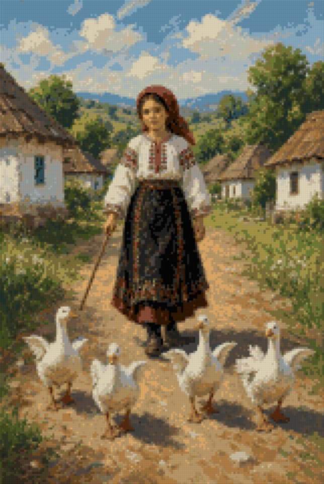 A Girl with Geese on the Village Street