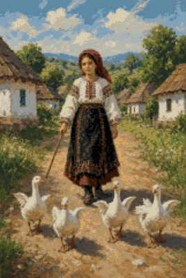 A Girl with Geese on the Village Street