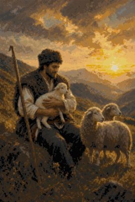 A Shepherd with a Lamb at Sunset