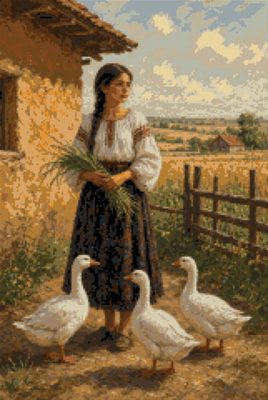 A Girl with Geese by the Fence