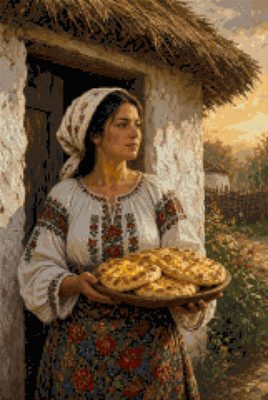 A Woman with a Tray of Pies