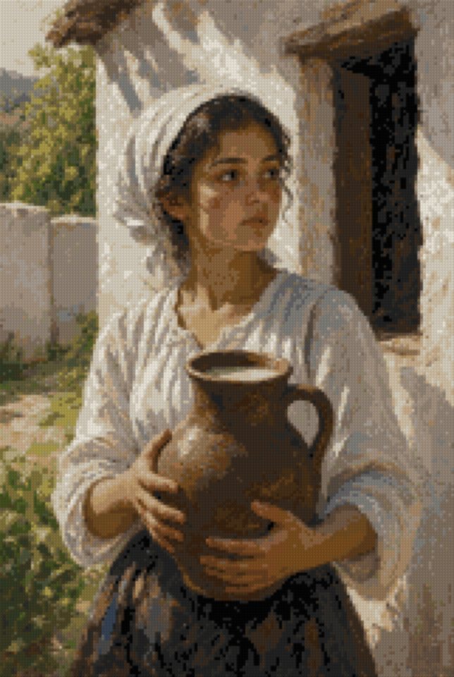 A Girl with a Jug at Her Chest