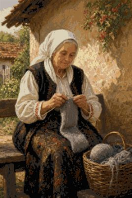 A Grandmother Knitting on the Bench