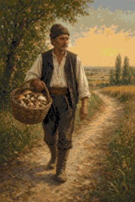 A Man with a Basket of Mushrooms