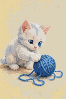 A White Cat with a Ball of Wool